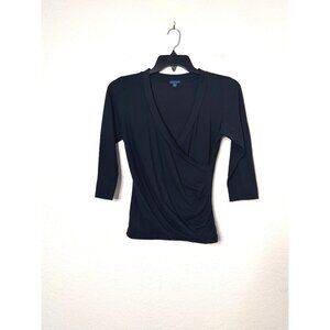 Lilla * P Women's Black 3/4 Sleeve Wrap Top Pima Cottom Size M V-Neck Made Peru